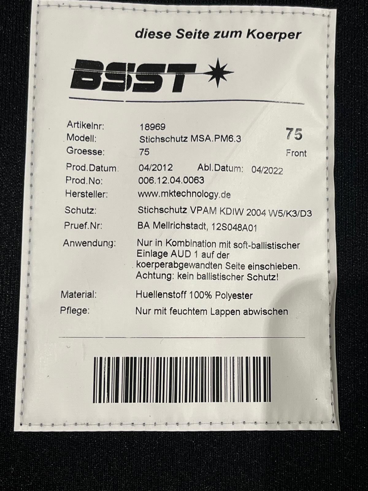 Panneau pare-lame BSST Stichschutz MSA.PM6.3 - protection anti-perforation VPAM KDIW