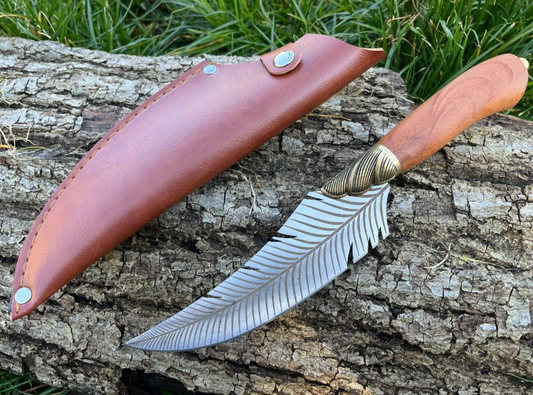 COUTEAU DROIT 26CM LAME PLUME D'OISEAU ETUI CUIR