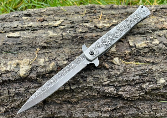 Couteau Stiletto à Ouverture Assistée - Motifs Floraux en Relief