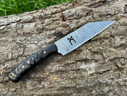 Couteau viking SCRAMASAXE damas forgé LLF corne de bélier 25cm