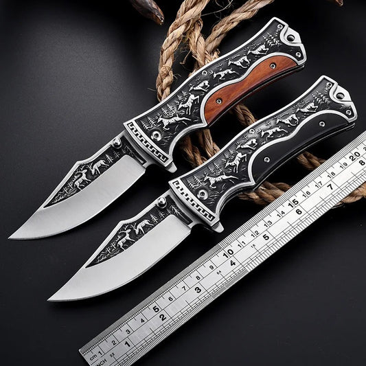 Couteau de Poche Viking Pliant d'Extérieur Gravé noir ou marron