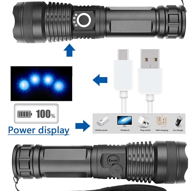 Lampe Torche Tactique LED XHP70.2 - 20000 Lumens 5 Modes Éclairage Batterie Étanche IP67 Zoom