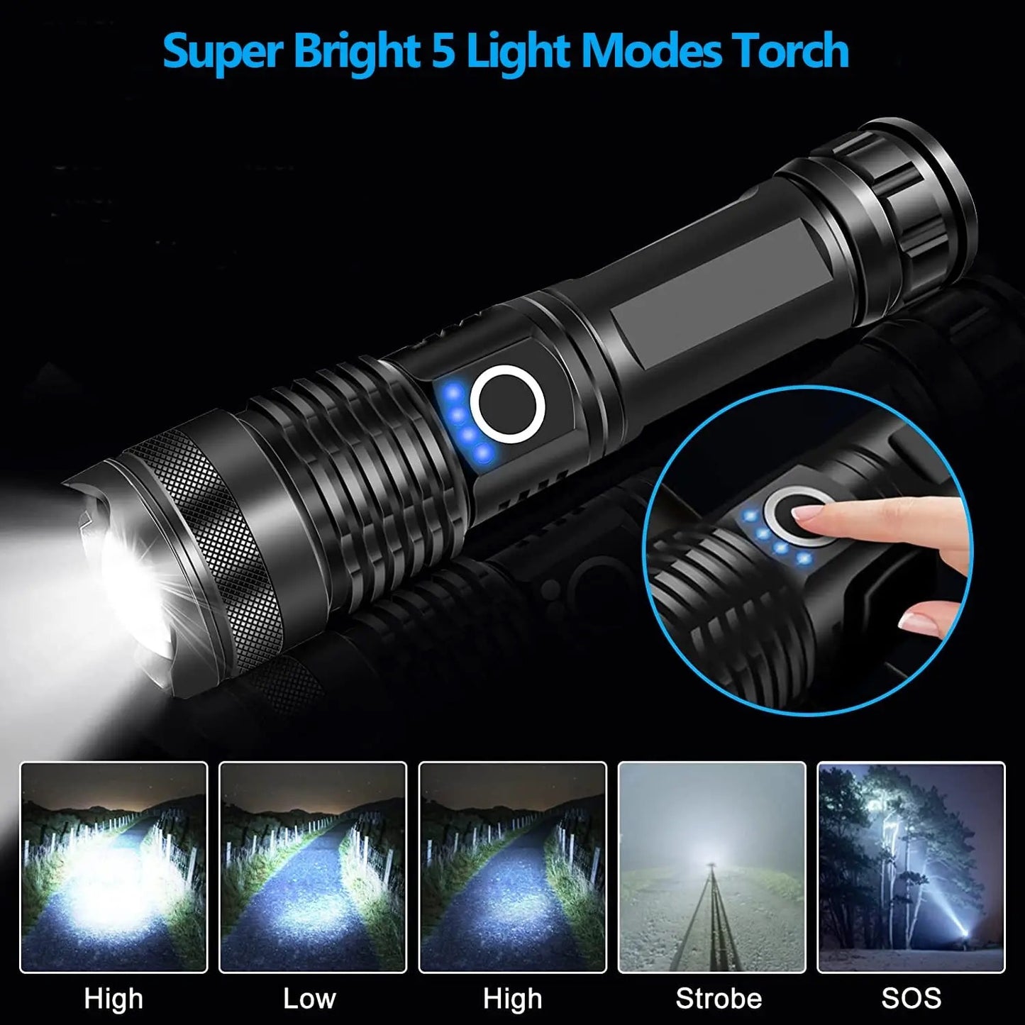 Lampe Torche Tactique LED XHP70.2 - 20000 Lumens 5 Modes Éclairage Batterie Étanche IP67 Zoom