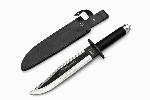 ChatGPTImage4janv.2026_17_39_09 couteau Rambo II First Blood Part II réplique collection lame dentelée kit survie manche étui LLF vue principale