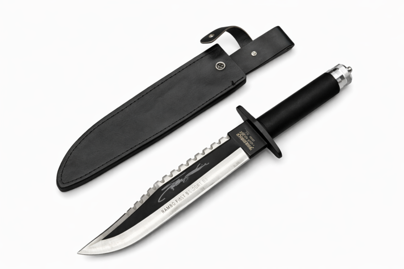ChatGPTImage4janv.2026_17_39_09 couteau Rambo II First Blood Part II réplique collection lame dentelée kit survie manche étui LLF vue principale