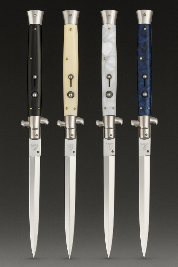 couteau stiletto automatique XXL 33 cm lame 15 cm acier 440 finition miroir etui nylon