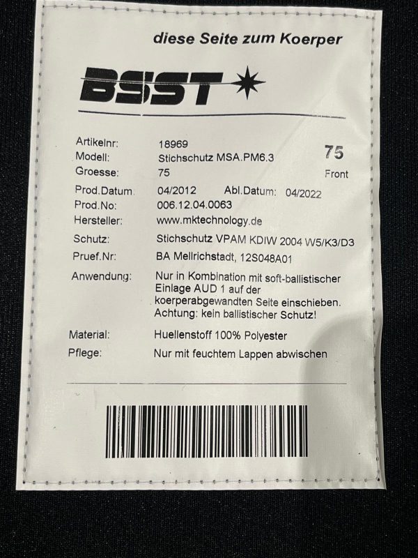 Panneau pare-lame BSST Stichschutz MSA.PM6.3 - protection anti-perforation VPAM KDIW