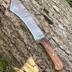 couteau machette damas forgé LLF 33cm manche bois de rose full tang étui cuir vue principale