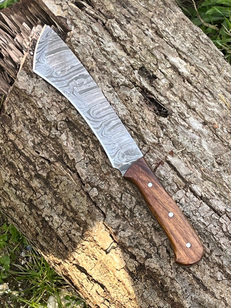 couteau machette damas forgé LLF 33cm manche bois de rose full tang étui cuir vue principale
