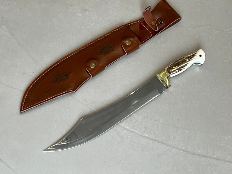 couteau droit forge LLF 44 cm acier 4034 lame 31,5 cm manche bois de cerf full tang fourreau