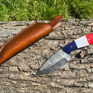 couteau damas forge LLF 20 cm edition patriote bushcraft depecage lame epaisse etui cuir