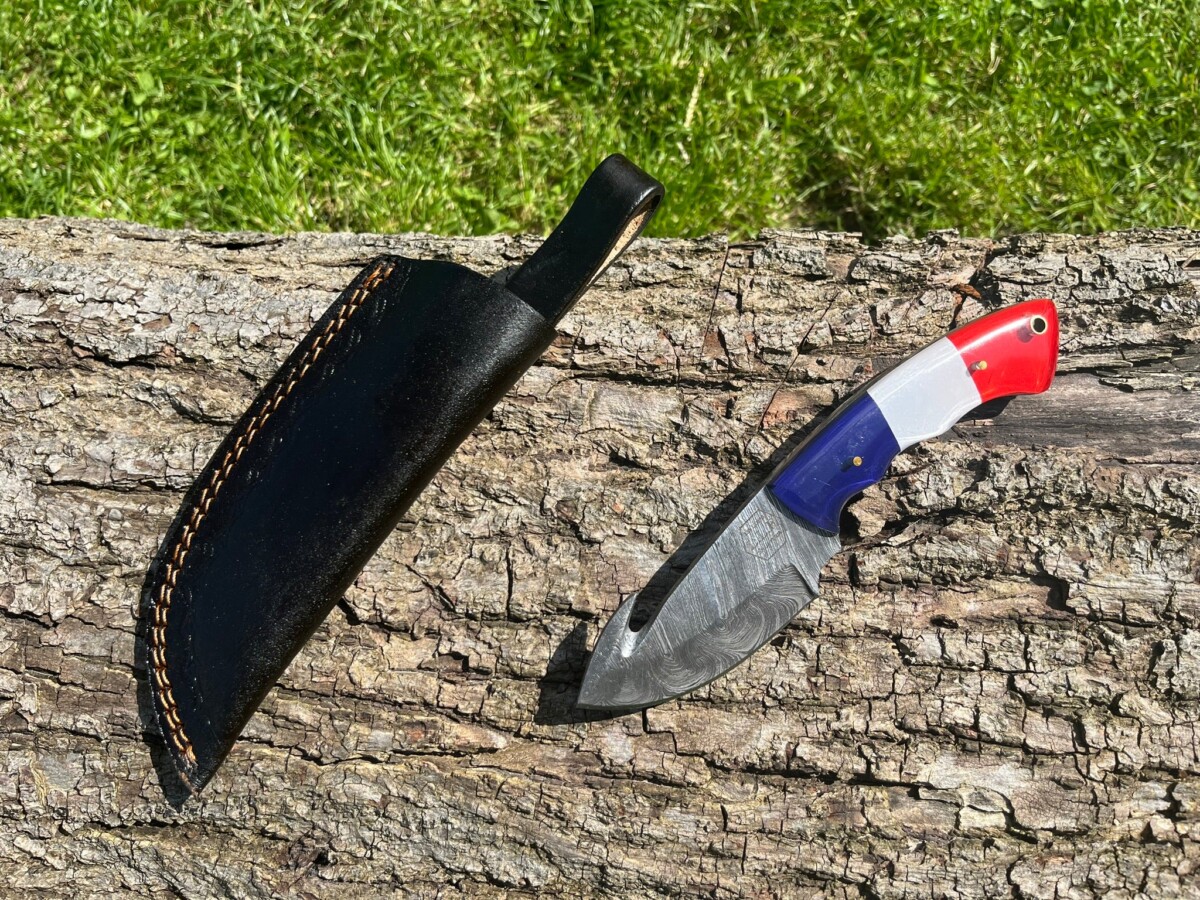 couteau damas forge LLF 21 cm depecage crochet edition patriote lame epaisse etui cuir