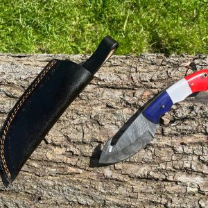 couteau damas forge LLF 21 cm depecage crochet edition patriote lame epaisse etui cuir