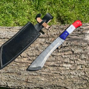 couteau machette damas forge LLF 33 cm edition patriote bushcraft debroussaillage lame epaisse etui cuir