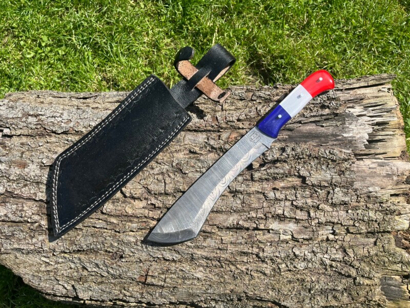 couteau machette damas forge LLF 33 cm edition patriote bushcraft debroussaillage lame epaisse etui cuir