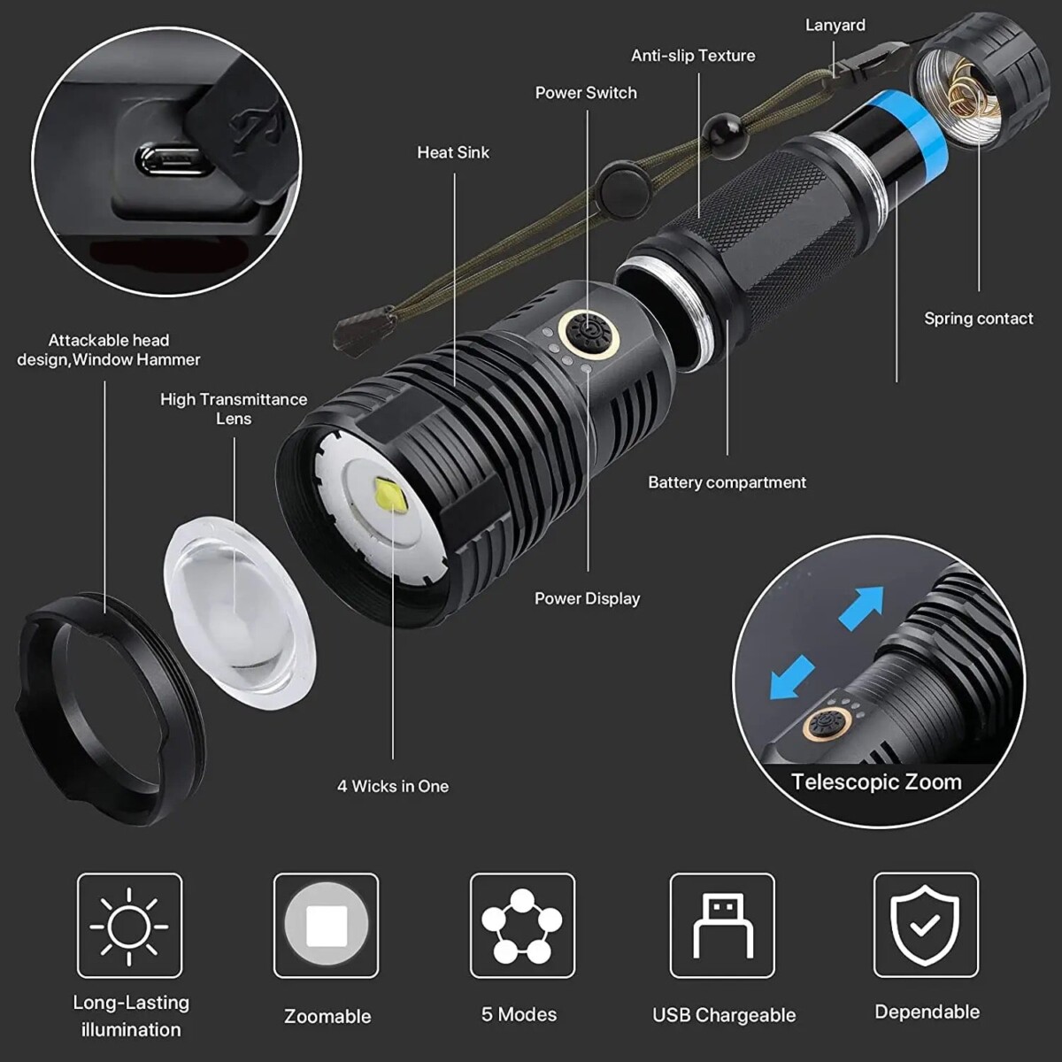 IMG_2168 Lampe torche tactique LED XHP70.2 5000 lumens rechargeable zoom IP67