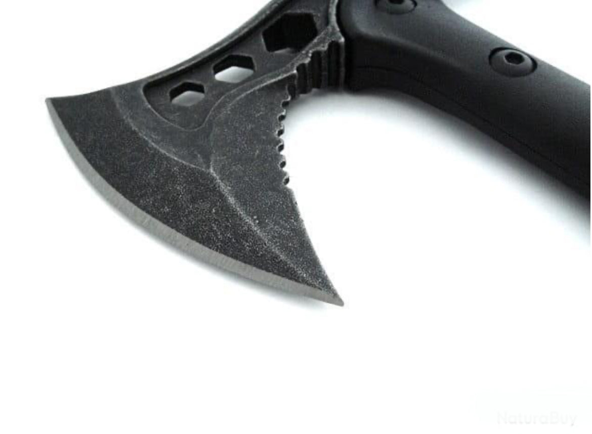 IMG_2642 hache de survie avec pieu 40 cm acier 440 stonewash manche fibre verre etui cordura
