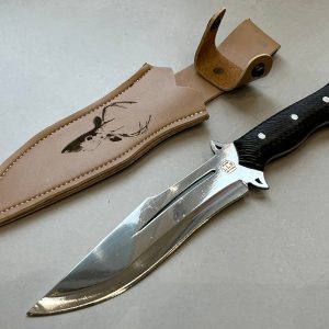 couteau forge LLF 32 cm acier 4034 lame 19 cm manche bois olivier full tang etui cuir serie chasse