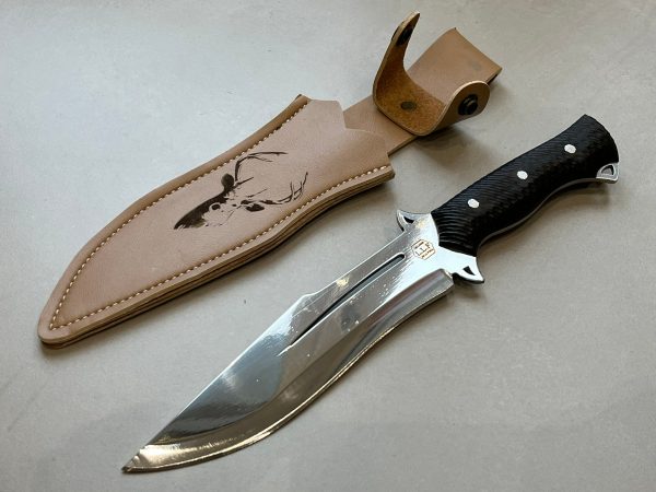 couteau forge LLF 32 cm acier 4034 lame 19 cm manche bois olivier full tang etui cuir serie chasse
