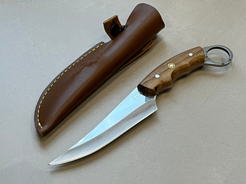 karambit outdoor forge LLF 25 cm acier X46Cr13 manche bois olivier full tang etui cuir serie chasse