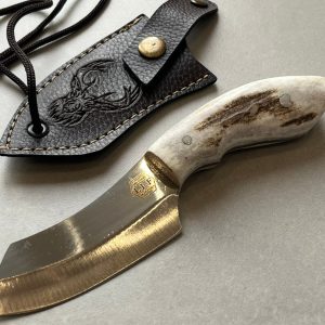 couteau depece forge LLF 16 cm acier X46Cr13 manche bois de cerf full tang etui cuir serie chasse
