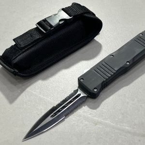 couteau automatique OTF lame spear point dentelee 9 cm acier 440 brise vitre etui cordura