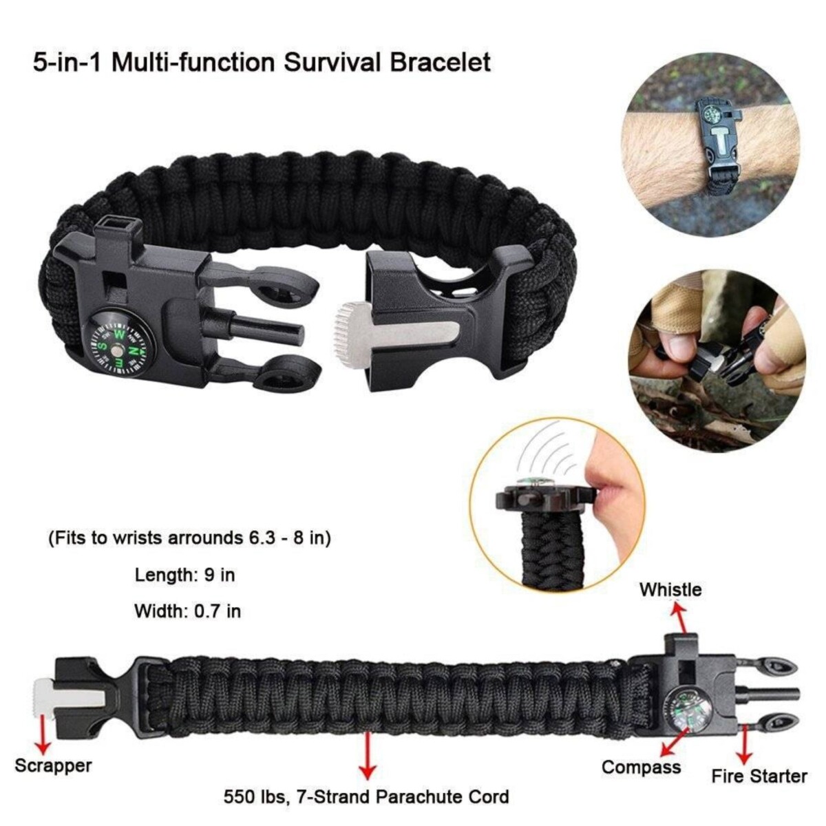 Bracelet de survie paracorde fire steel boussole sifflet