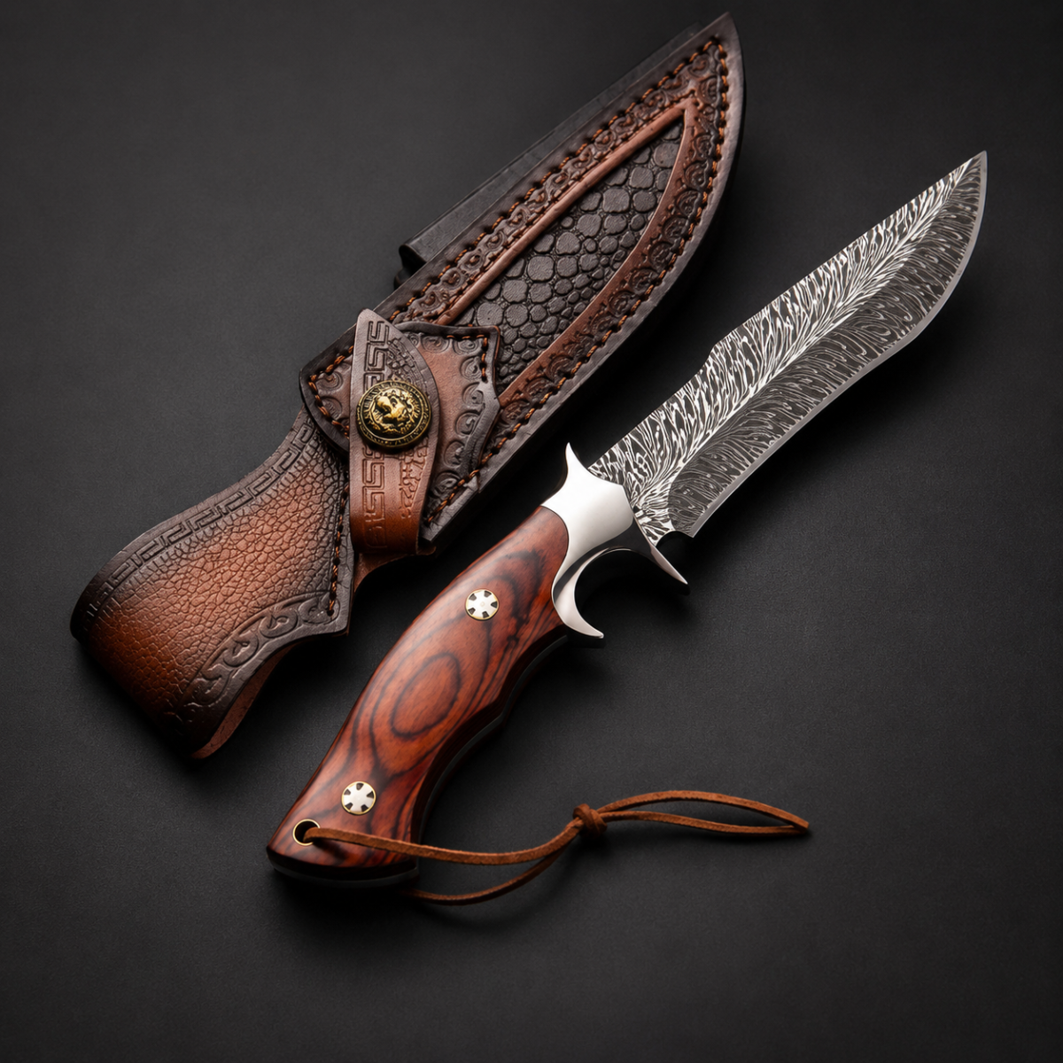 Couteau Bowie Damas Double Grip avec manche en bois de rose et étui en cuir