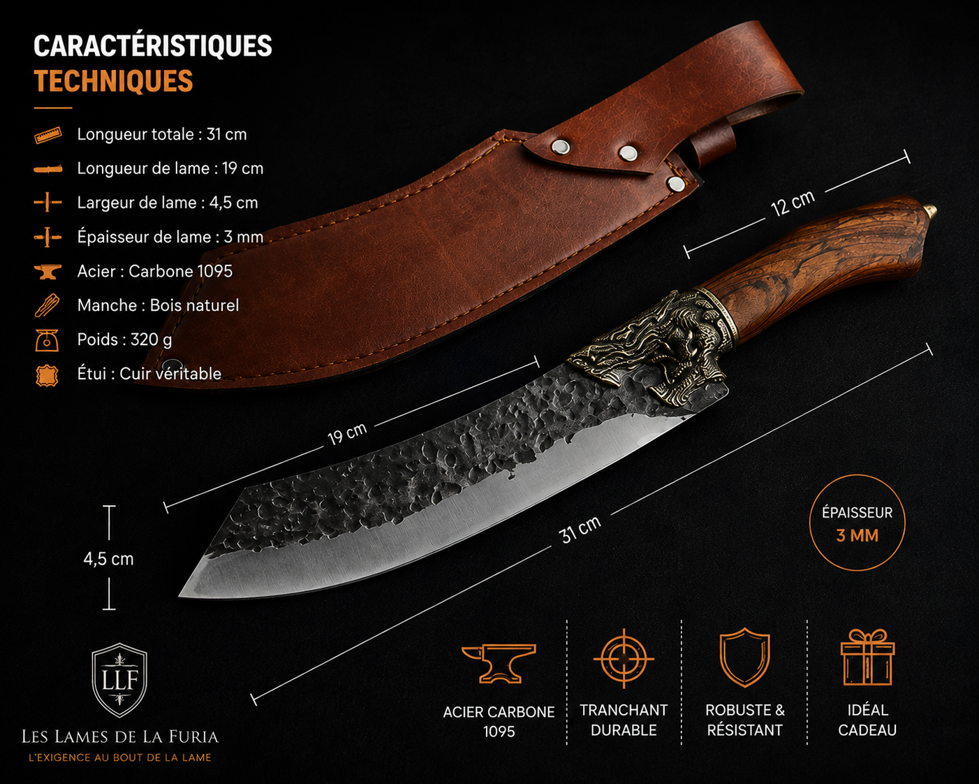 Couteau Viking Jörmungandr 1095 – Grande Lame Martelée 19 cm – Image 2