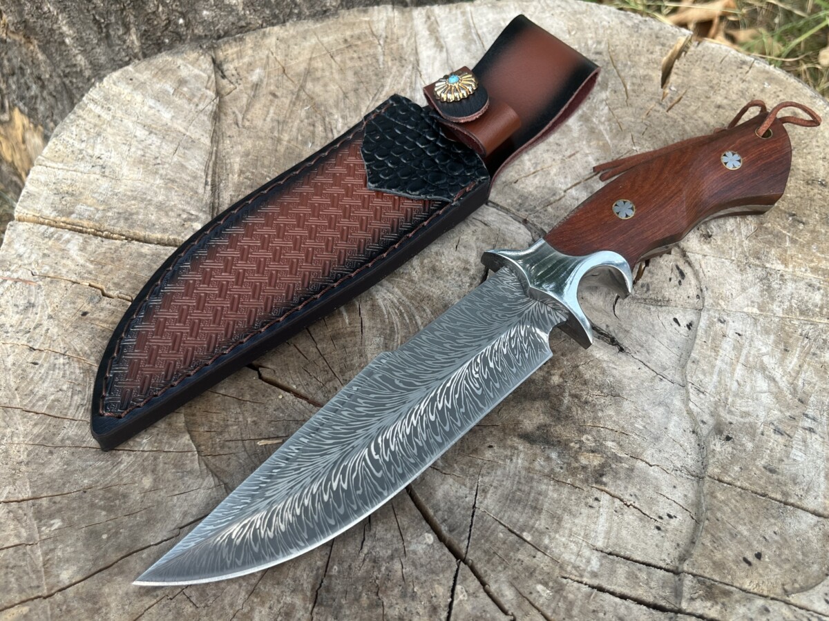 Couteau Bowie Double Grip Damas – Bois de Rose & Étui Cuir