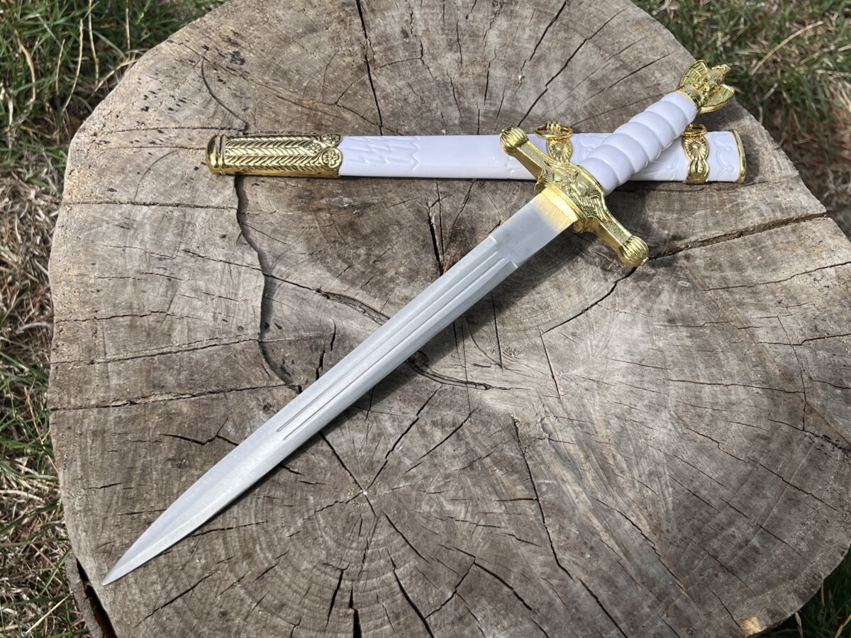 Épée miniature décorative blanche et dorée 36 cm acier carbone
