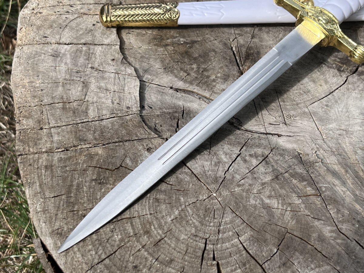 Épée miniature décorative blanche et dorée 36 cm acier carbone