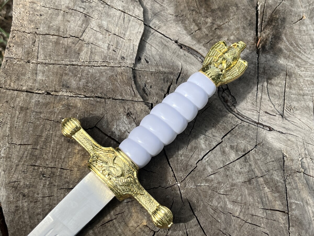 Épée miniature fantasy blanche et or lame acier carbone 23,5 cm