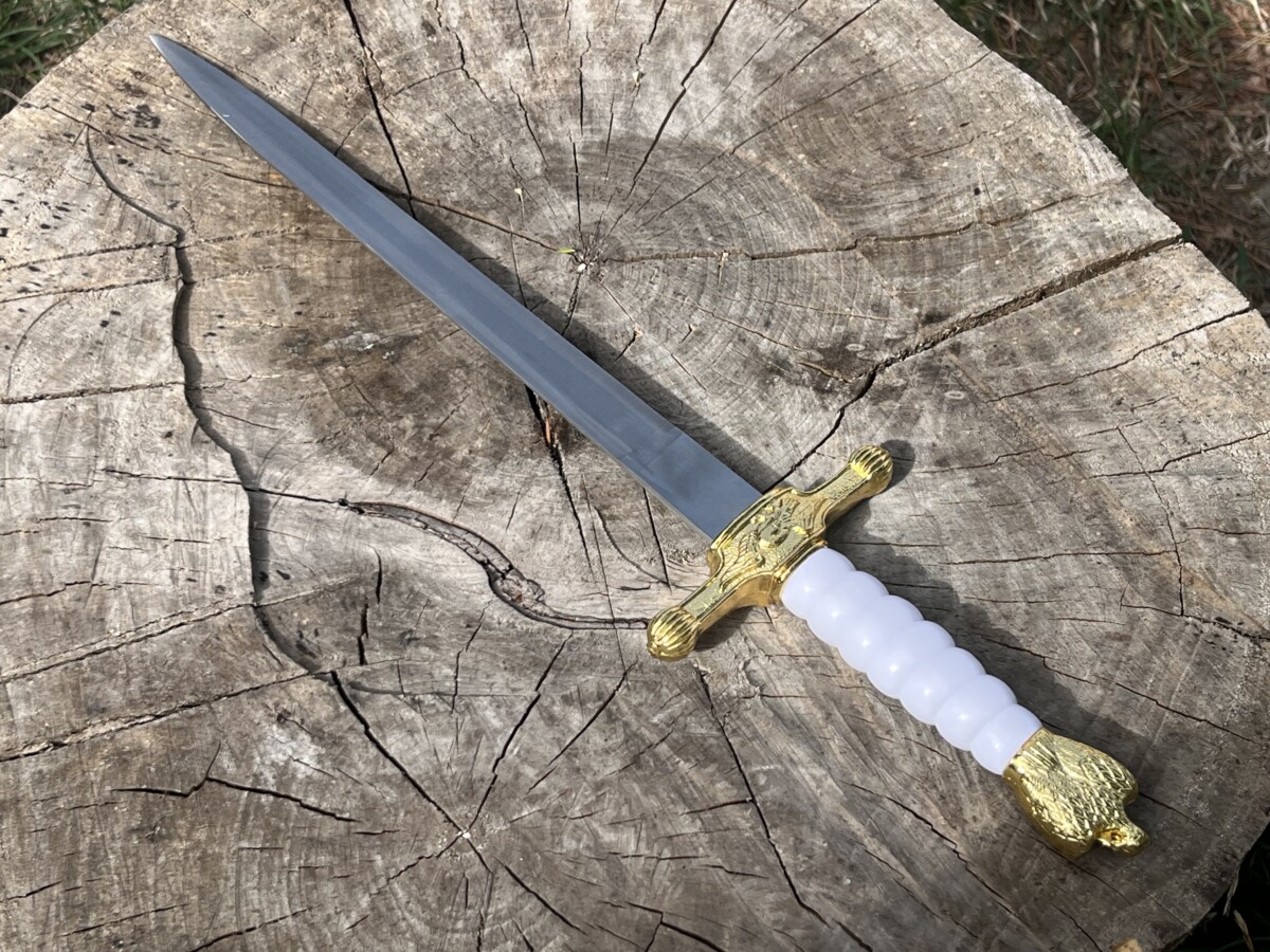 Épée miniature fantasy blanche et or lame acier carbone 23,5 cm