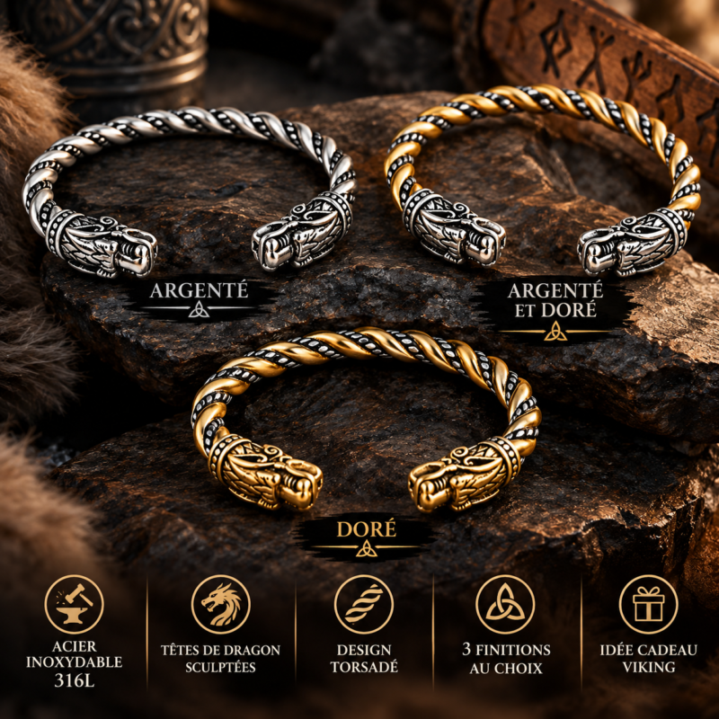 Bracelet Viking Torsadé à Têtes de Dragon – Acier Inoxydable