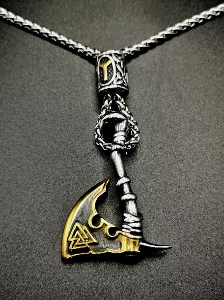 Collier Hache Viking Bicolore – Acier Inoxydable Argenté et Doré avec Chaîne