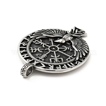 Pendentif Viking Vegvísir et corbeau d'Odin vu de profil, détails des reliefs en acier inoxydable