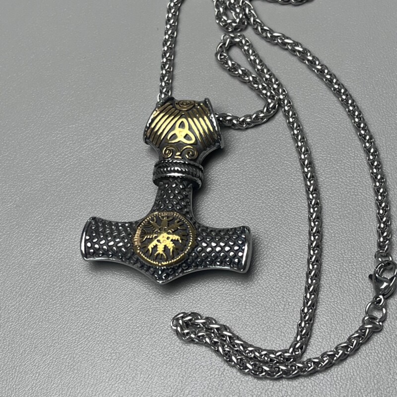 Collier Viking Marteau de Thor Mjöllnir en acier inoxydable 316L noir et doré avec chaîne de 60 cm